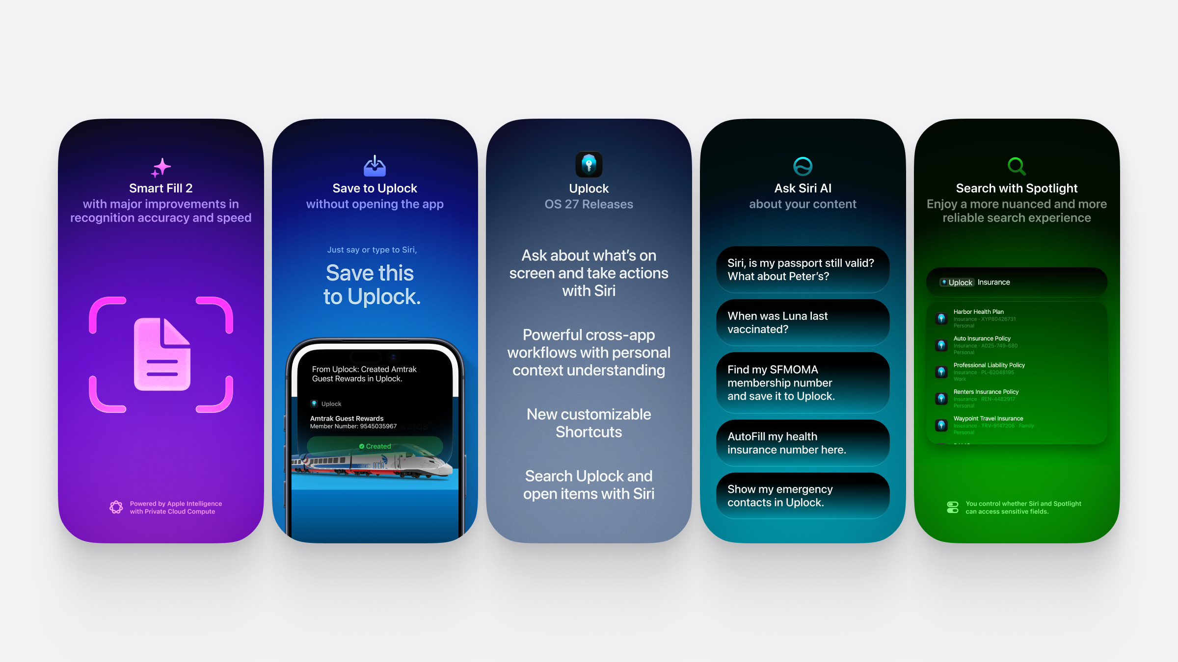 Five panels presenting Smart Fill 2, saving to Uplock with Siri, Siri actions, questions about Uplock content, and Spotlight search.